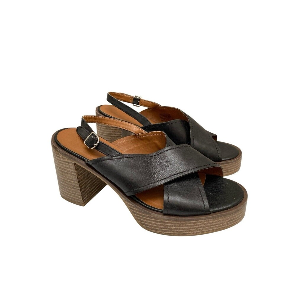 Lucky Brand Women Black Leather Delmie Slingback Platform Sandals Shoe Size 9.5